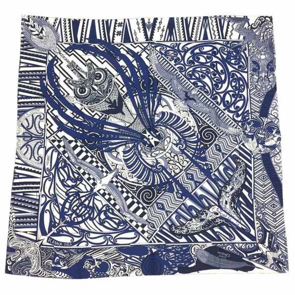 HERMES Hermes Scarf Muffler Kare 90 KAWA ORA Kawa Ora 20SS 100% Silk Navy/Ivo... - Picture 1 of 4